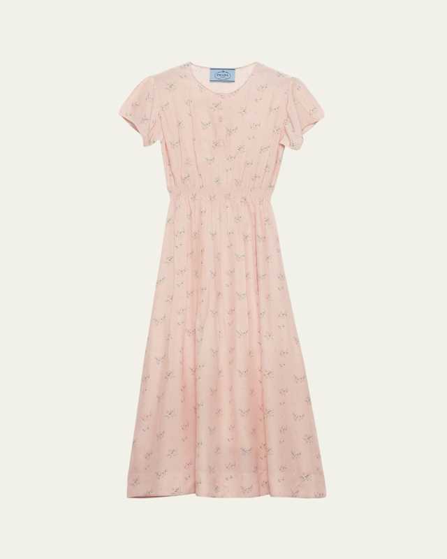 Flower-Print Silk Ponge Short-Sleeve Midi Dress